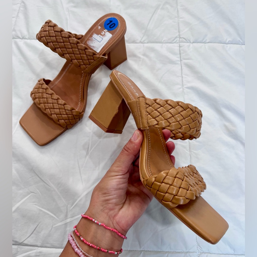 Womens Tan Braided Strappy Square Open Toe Slip On Chunky Heeled Sandals Size 10 - Picture 7 of 12